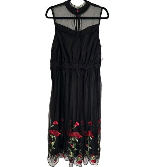 ModCloth Dress Womens Size L Black Sleeveless Tulle Embroidered Roses Mesh Midi - Picture 7 of 15